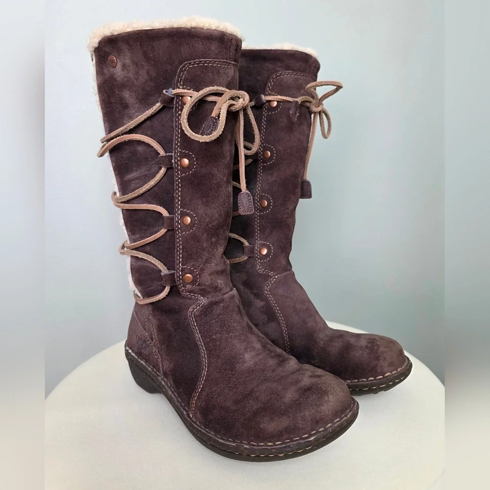 UGG Australia Mid-Calf Brown Suede Boots Shearling Trim Leather Lace-Up 7US/38EU
